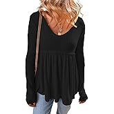 MARZXIN Women's 2026 Fall Long Sleeve Casual T-Shirt Textured Long Sleeve V Neck Babydoll Tunic Tops