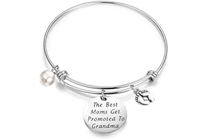 FEELMEM New Grandma Gift The Best Moms Get Promoted to Grandma Bangle Bracelet with Baby Footprint Charm