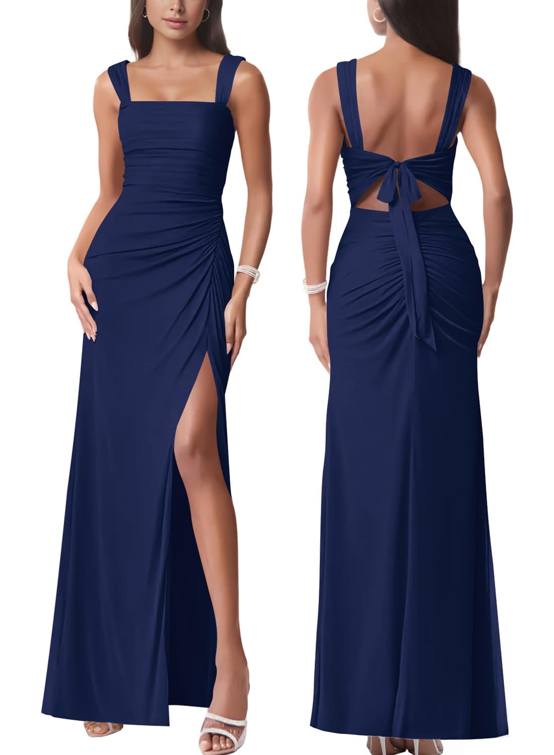 Photo 1 of Women Sexy Tie Low Back Sleeveless Split Maxi Dress Party Cocktail Long Dresses for Wedding Guest, Navy Blue Medium