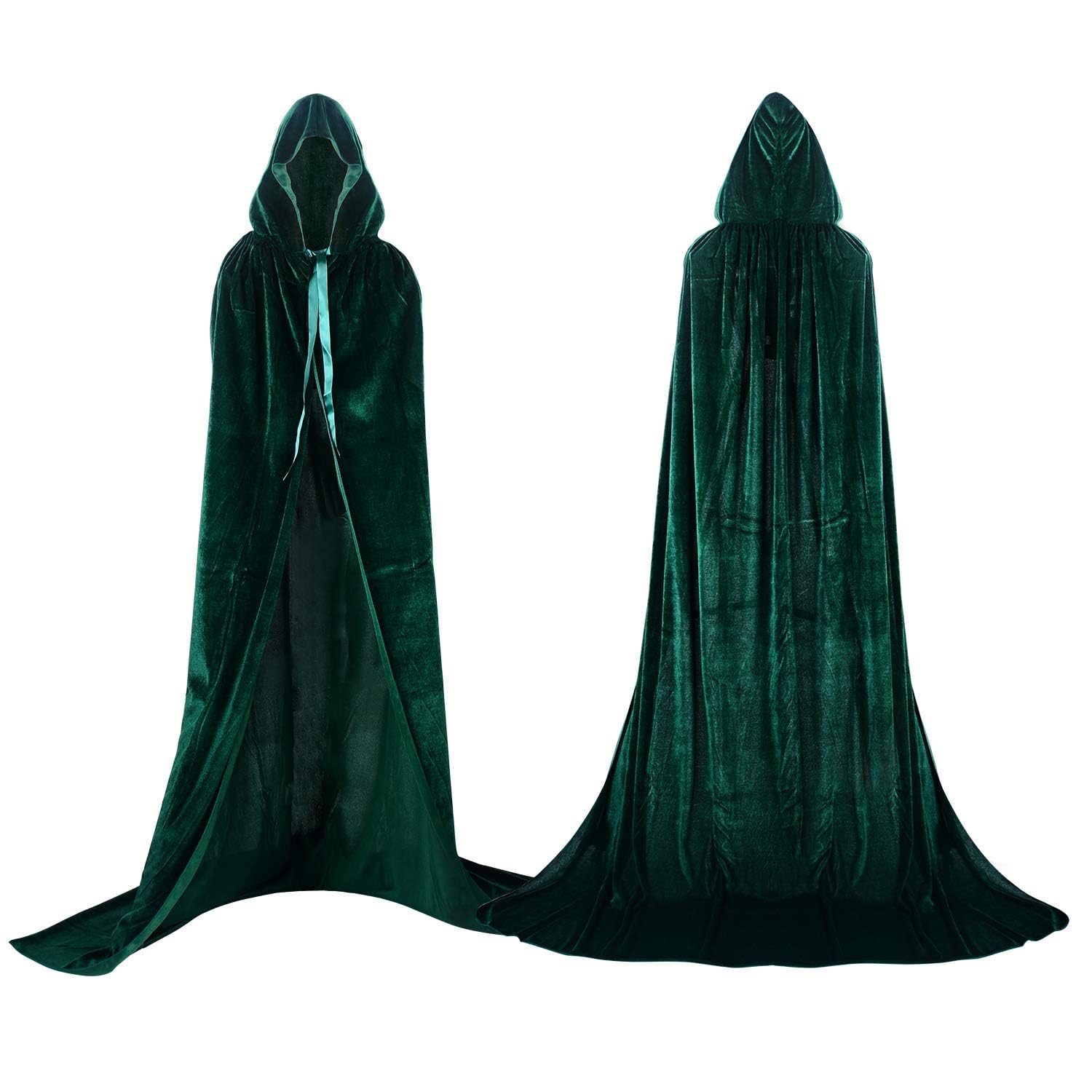 Proumhang Green Hooded Cloak Maxi Cape Velvet Adult Costume Grim Reaper Vampire Party Halloween Costumes 130 cm