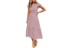 ZESICA Women's 2024 Summer Casual Flutter Short Sleeve Crew Neck Smocked Elastic Waist Tiered Midi Dress
