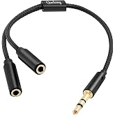 Quelong 1Pcs Headphone Splitter, Dual Headphone Nylon Braided Extension Cable, Hi-Fi Audios Stereo Y Splitter 3.5mm 2 Female 1 Male, Suitable for Phones, PS4, Amplifiers, Smartphones, Tablets,etc.