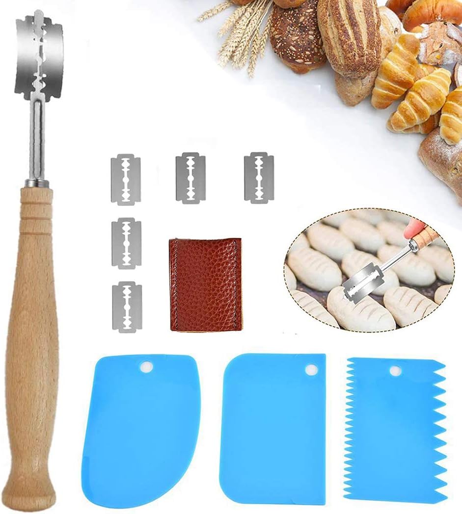 Bread Lame & Dough Scraper Set, Ovelur Dough Making Slasher Tools for Bread Bakers with 5 Replaceable Blades & Protective Cover, 3 Pack Food-safe Dough Scraper