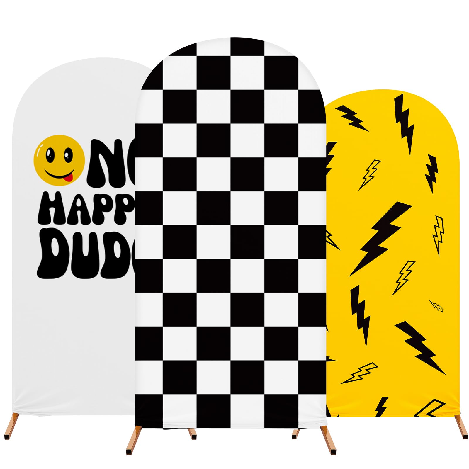 Photo 1 of RimCereal One Happy Dude Theme Birthday Decoration, Set of 3 One Happy Dude Theme Arch Cover Stretch Spandex Fitted Wedding Arch Stand Covers, 4ft, 5ft, 6ft(White, Yellow, Black-white,Mixed Style)