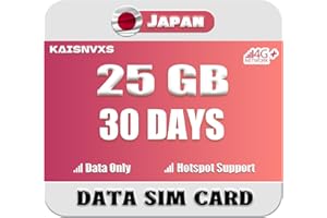 KAISNVXS Prepaid Japan SIM Card for 30 Days 25GB - Plug and Play 4G/5G LTE High Speed Japan Data SIM Card (No Low Speed), Hotspot tethering Supported, Data Use Only, No Calls/SMS
