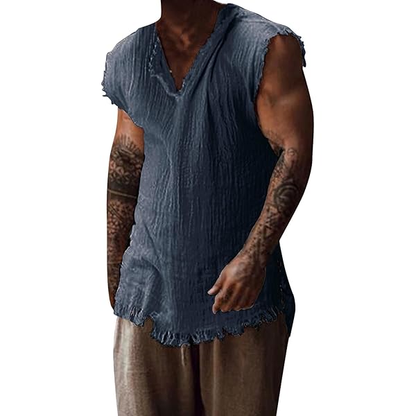 Amazon.com: Men Distressed Linen Tank Tops Raw Edge V-Neck