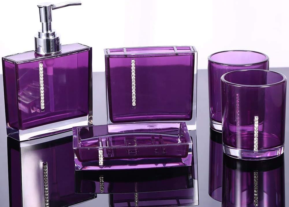 Acrylic Bathroom,5PC/Set Accessories Bathroom Accessories Set In Purple Bath Cup Bottle Toothbrush Holder Soap Dish Accessory Set Lotion Mug