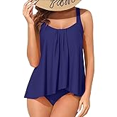 HEYTALALA Women's Tankini Swimsuits Two Piece Tummy Control Bathing Suits Flyaway Swim Top with Shorts Modest Swimwear