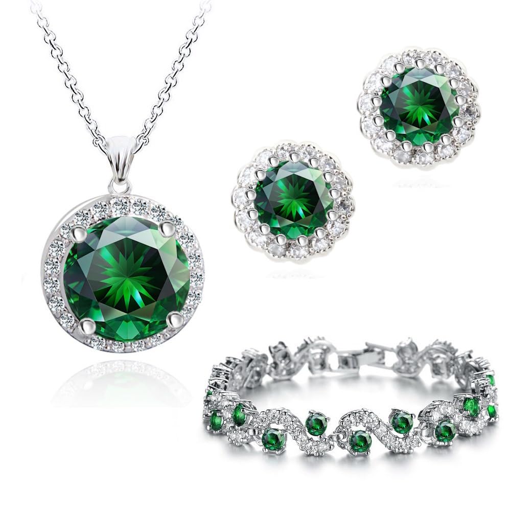 Crystalline Azuria Women 18ct White Gold Plated Round Green Simulated Emerald Zirconia Crystals Set Pendant Necklace 17.7 inches Stud Earrings Bracelet