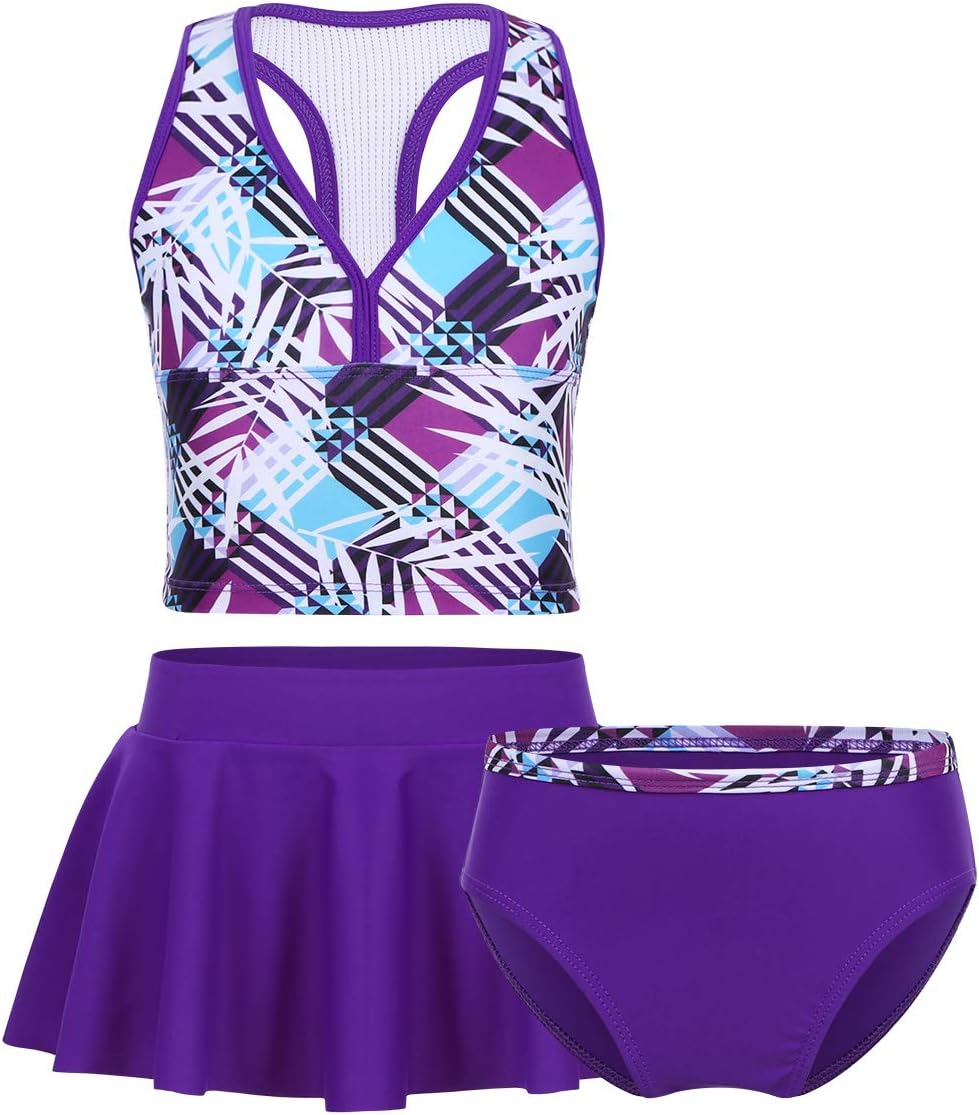 winying Girls 3PCS Digital Printed Tankini Swimsuit Racer Back Top with Bottoms Skirt Set Bathing Suit Swimwear