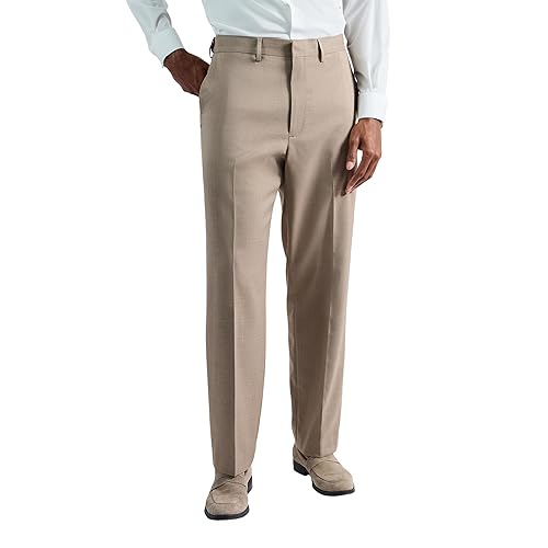 Haggar Men's Regular Premium Comfort Tonal Plaid Classic Fit Flat Front Stretch Dress Pant, Taupe, 34W x 31L