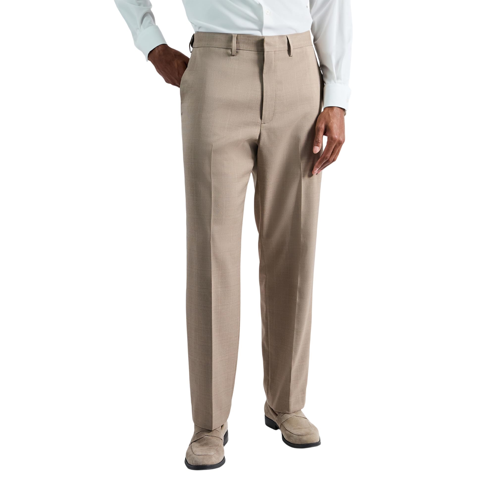 Haggar Men's Premium Comfort Tonal Plaid Classic Fit Flat Front Stretch Dress Pant Taupe Image
