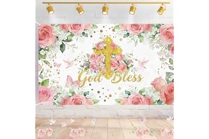 God Bless Baptism Backdrop for Girls - 71x43in Pink Floral Christening Background, Polyester Fabric Bautizo Photo Booth Props
