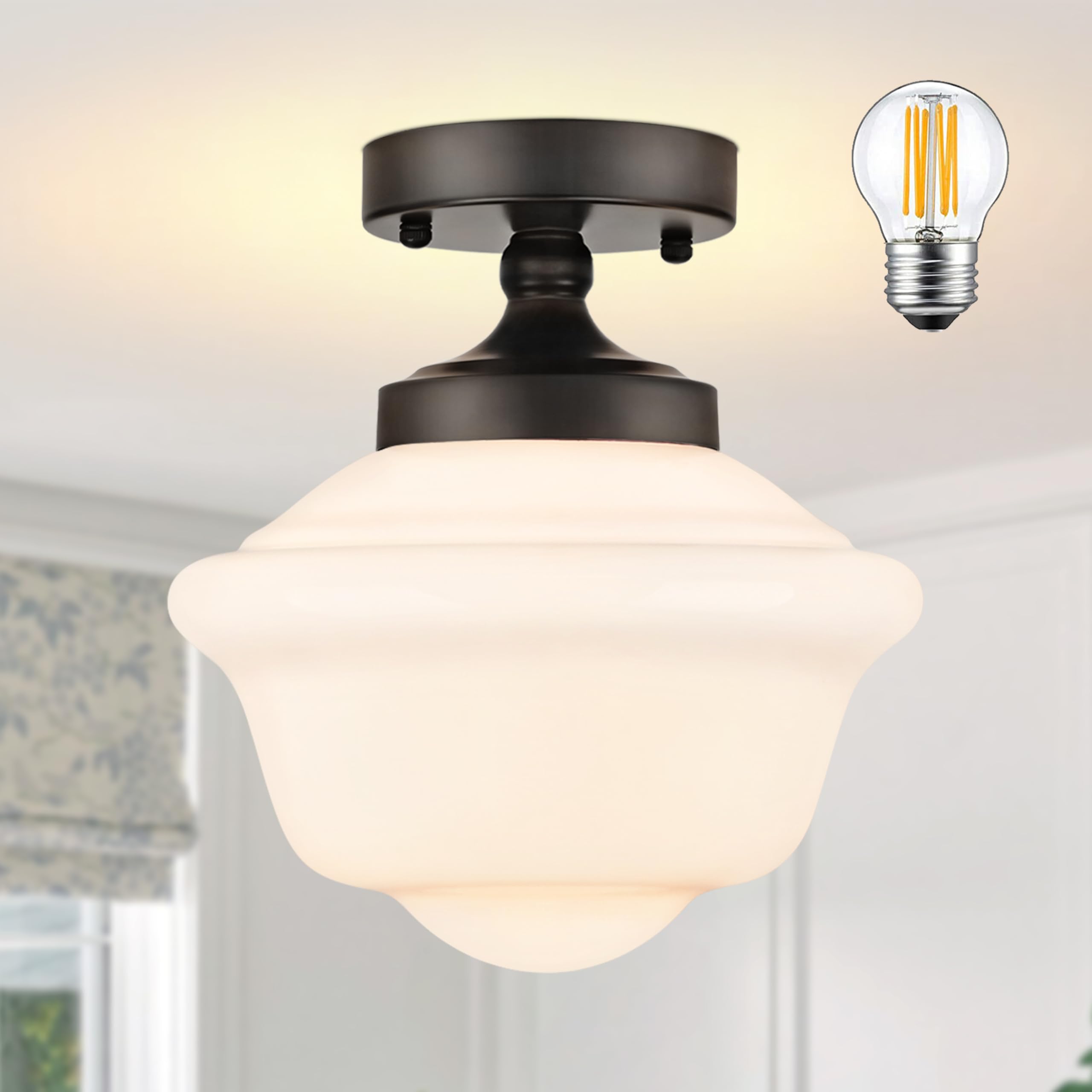 Photo 1 of Bagood 8" Schoolhouse Light Fixtures Ceiling Black Schoolhouse Lights Fixture Mid Century Light Fixtures Milk Glass Lights Fixture Semi Flush Mount Ceiling for Bathroom Kitchen (Bulb Incl.)