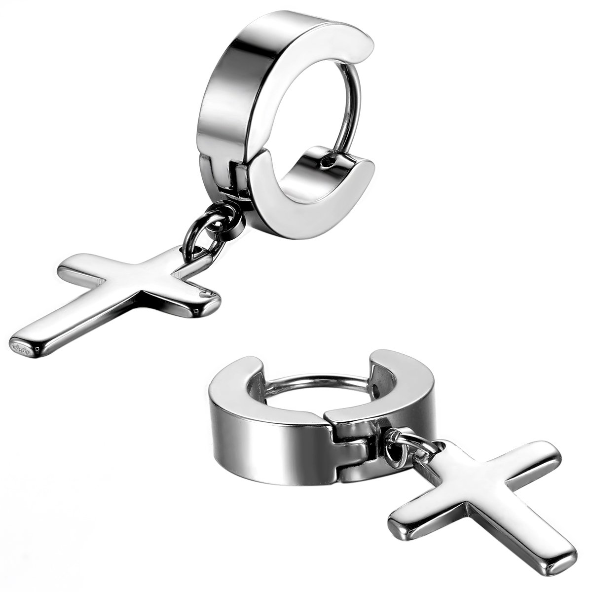 JewelryWe 2pcs Mens Stainless Steel Cross Huggie Hinged Hoop Earrings, Silver