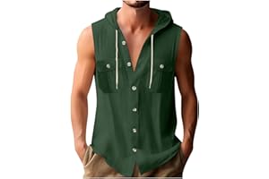 Xiaojmake Sleeveless Hoodies for Men Cotton Linen Button Up Hooded Shirts Lightweight Summer Vacation Beach Tops with Pocket