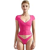 SUUKSESS Women Sexy Deep V Neck Short Sleeve T Shirts Y2K Trendy Going Out Tops