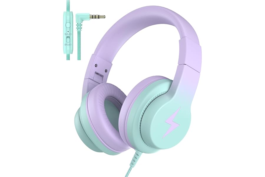Candy Bila Wired Kids Headphones for School, Over-Ear for Boys Girls | Volume Limiter 85/94dB, HD Stereo Sound, Microphone and Wired Control,Foldable Design, Gradient Purple