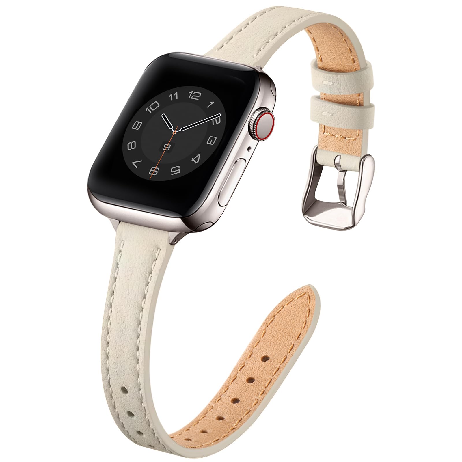 SUNFWR Leather Strap Compatible with Apple Watch Straps 42mm(Series 11 10) 41mm 40mm 38mm,Genuine Slim&Thin Replacement Band for iWatch Series 11 10 9 8 7 6 5 4 3 2 1/SE(Lvory white&Starlight)