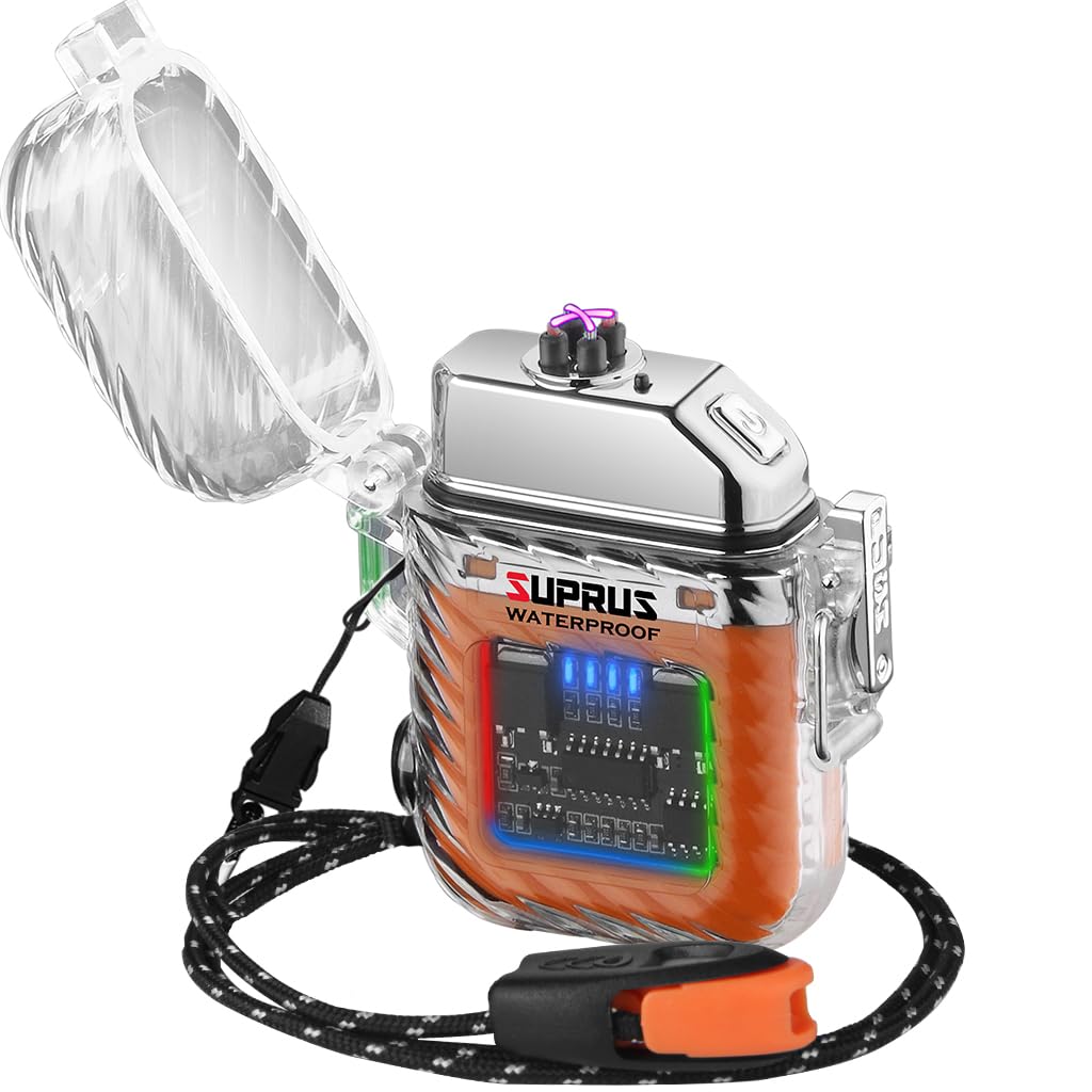 SUPRUS Luminous Lighter 3 Modes of Flashlight Windproof Waterproof Electric Lighters Rechargeable Dual Arc Plasma Lighter with Survival Emergency Whistle and Lanyard