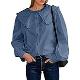 Tankaneo Womens Babydoll Button Down Shirts Peplum Puff Sleeve Blouse Fall Casual Doll Collar Tops