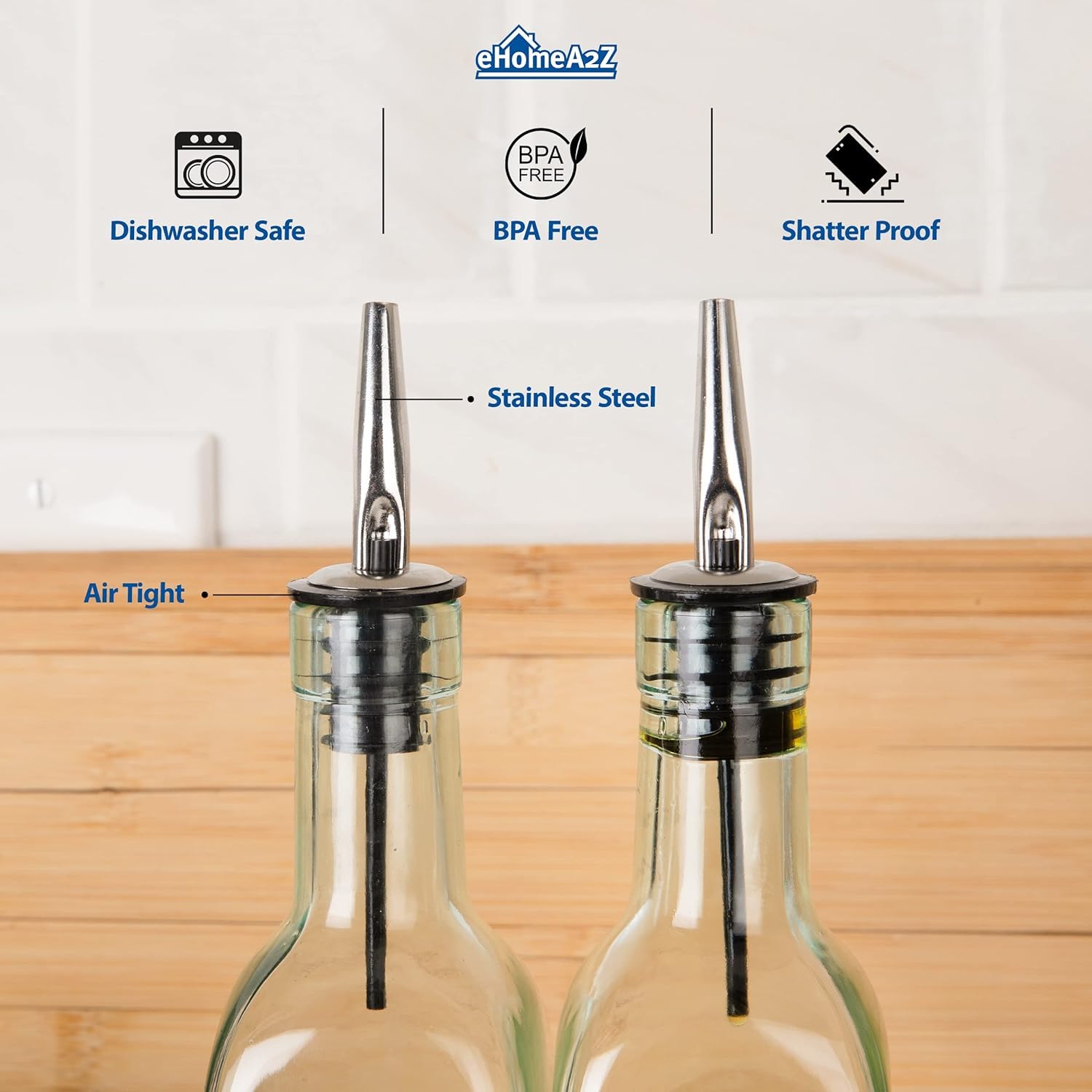 EHOMEA2Z Italian Glass Olive Oil Dispenser Bottle - 16 Oz, Oil and Vinegar Cruet with Stainless Steel Spout for Kitchen, Slight Green Tint (2, 473ml)