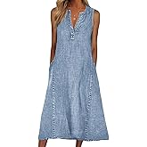 CHARTOU Women Casual Sleeveless Denim Midi Dress A Line Summer