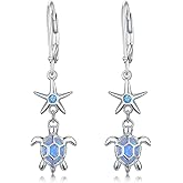 Turtle Earrings 925 Sterling Siver Starfish Leverback Earrings Blue Opal Sea Turtle Drop Dangle Earrings Ocean Jewelry Gift for Women