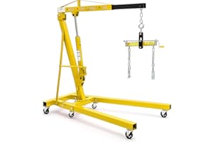 HIPICUTE 2 Ton Folding Hydraulic Engine Hoist with Load Leveler 4400 LBS Capacity Heavy Duty Cherry Picker 6 Swivel Wheels&Hydraulic Pump Adjustable Boom (0.5T-2T) for Garage Workshop Warehouse Yellow