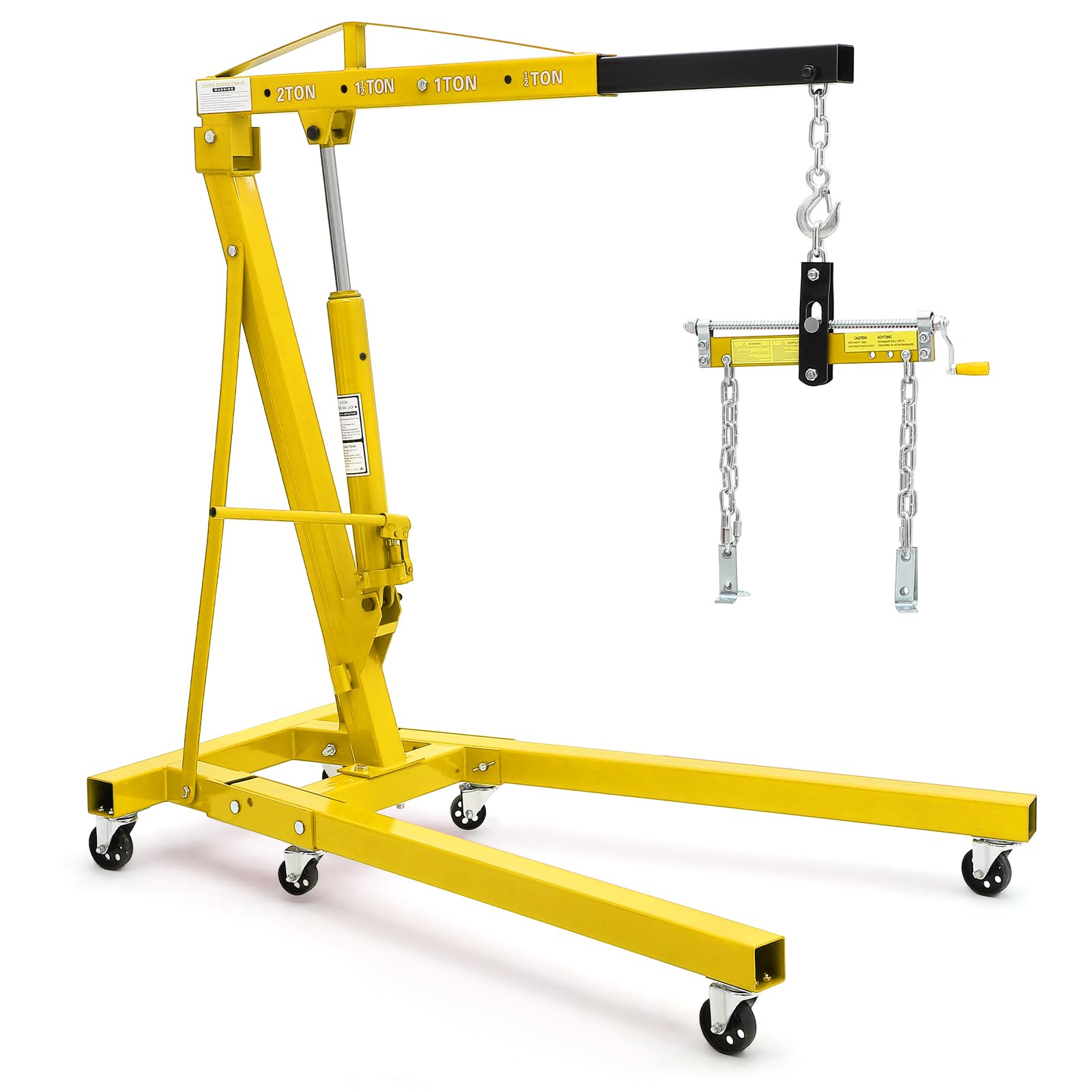 Photo 1 of 2 Ton Folding Hydraulic Engine Hoist with Load Leveler 4400 LBS Capacity Heavy Duty Cherry Picker 6 Swivel Wheels&Hydraulic Pump Adjustable Boom (0.5T-2T) for Garage Workshop Warehouse Yellow