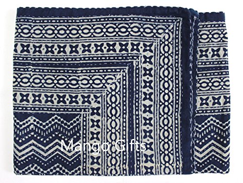 Mango Gifts Indigo Kantha Work Bedspread Queen Size Hand-Block Print 100%Cotton Gudari
