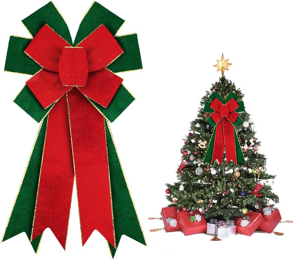 Bows & Ribbons - Hying Large Christmas Bows for Wreath, Red Green Velvet Wreath Bows for Xmas Décor Christmas Velvet Winter Bow for Front Door Indoor Outdoor Wall Tree Topper Decoration Supplies Christmas Ornament