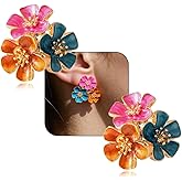 Colorful Hibiscus Enamel Flower Cluster Stud Earrings Vintage Gold Large Statement Red Purple Cherry Blossom Colored Big Floral Earring Jewelry for Women
