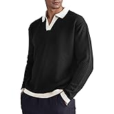 BAYAMO Mens Polo Sweater V Neck Long Sleeve Pullover Sweater Casual Knit Textured Sweater