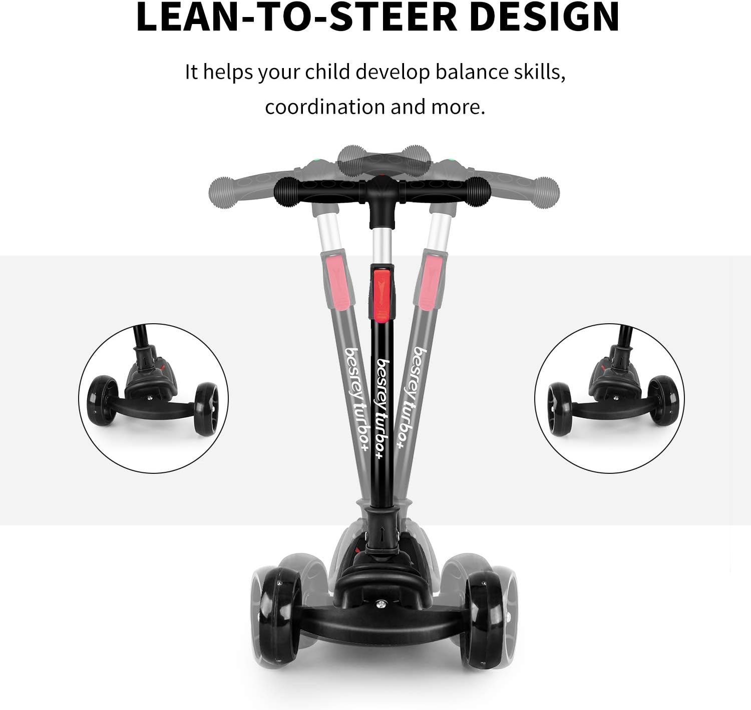 besrey Kids Scooter, Big Wheels Foldable Kick Scooter with Flashing LED Lights for Boys Girls 4 Levels Height Adjustable - Image 5