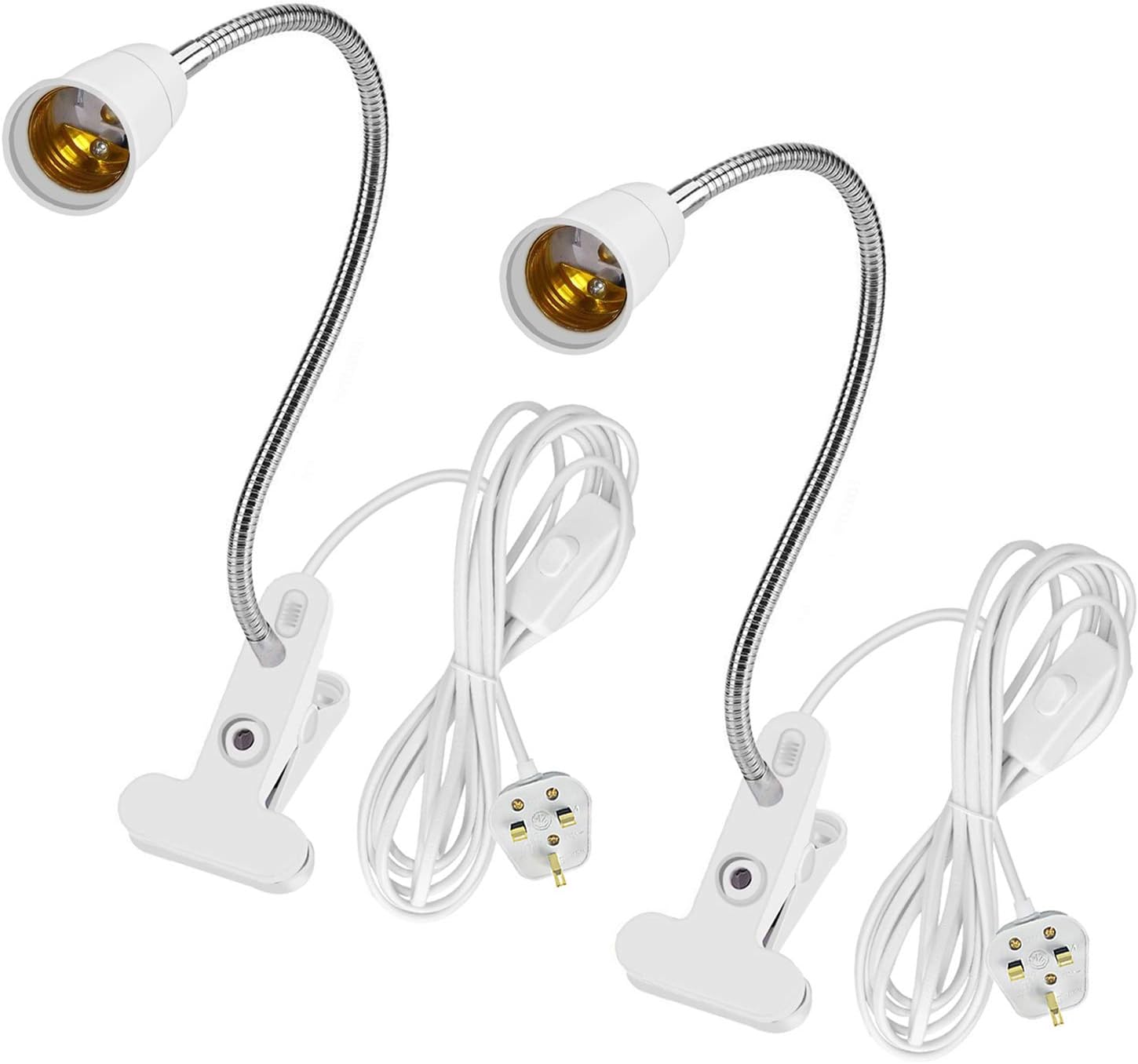 2Pack Flexible Neck Clip Lamp Holder E27 Base Light Socket with On/Off