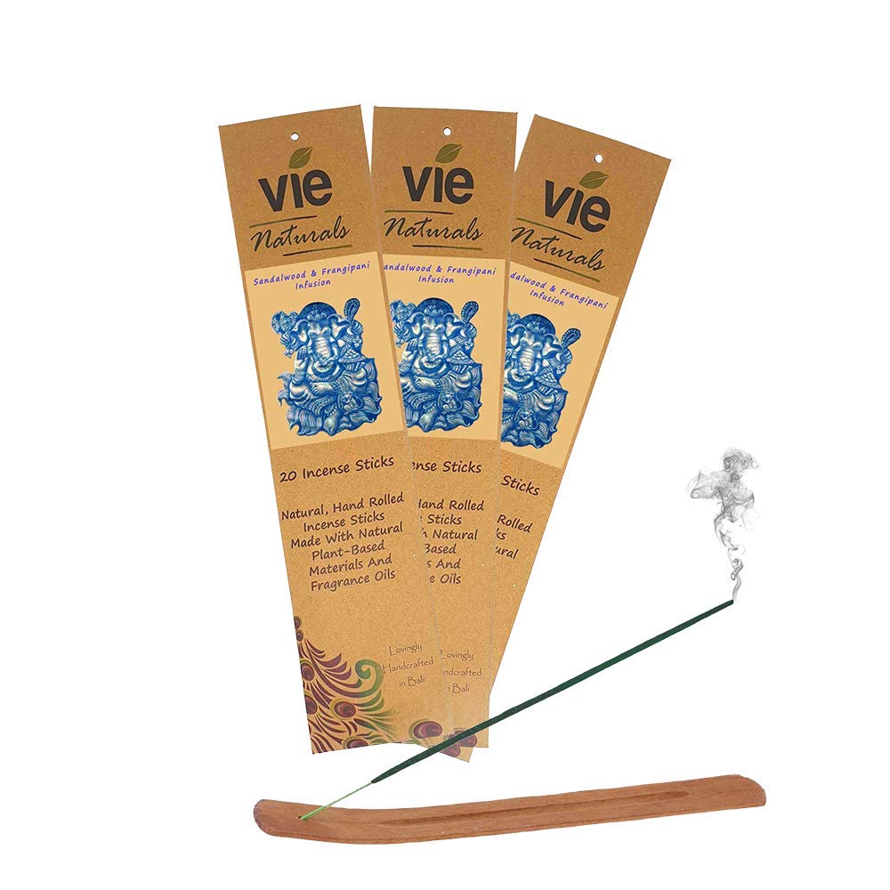 VIE Vie Naturals Premium Incense Sticks, Sandalwood & Frangipani Infusion (20x3 Packs) with Incense Holder