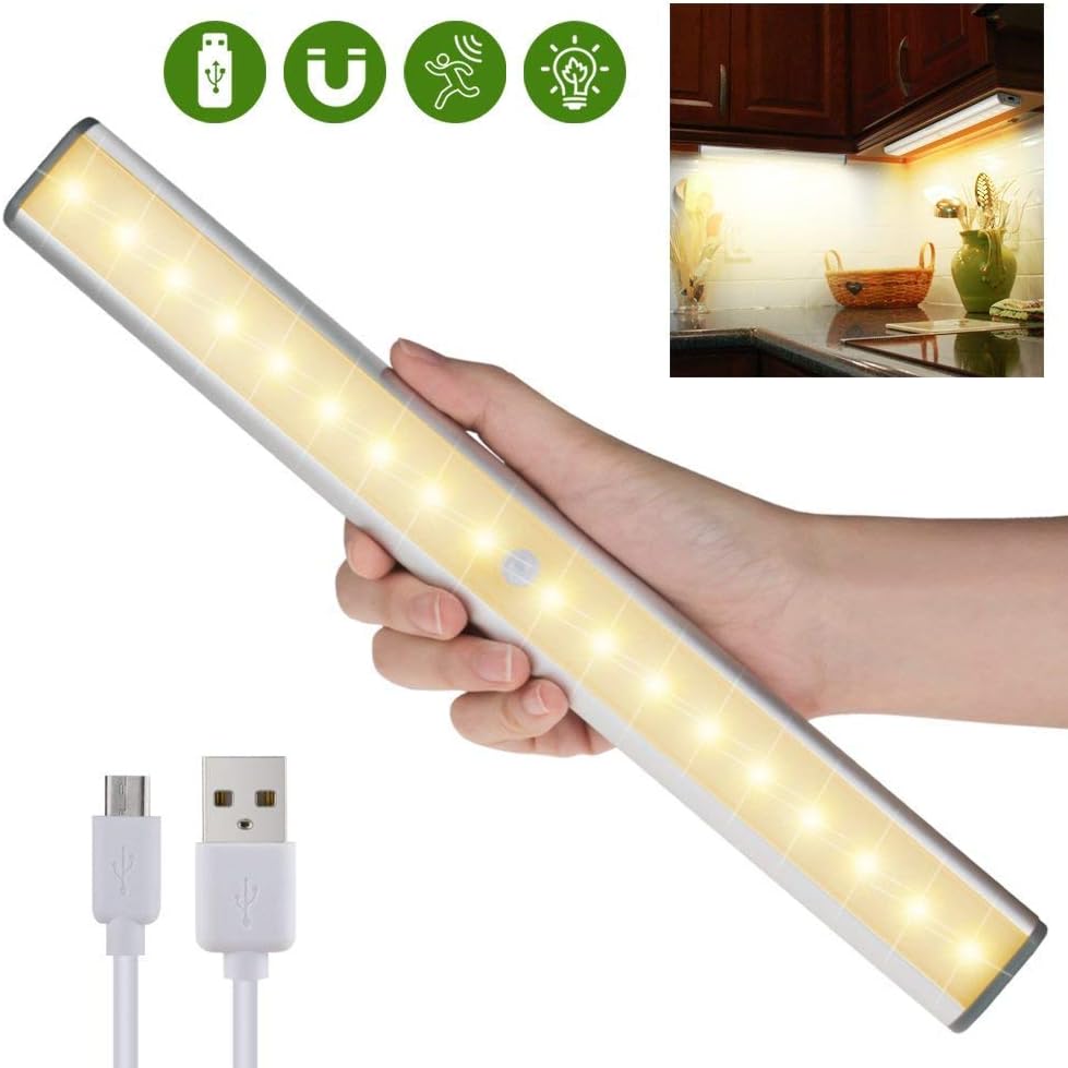 Motion Sensor Closet Light Wireless Under Cabinet Light, Portable Motion Activated USB Rechargeable Stick on Anywhere Magnetic 18 LED Light for Drawer/Cabinet/Cupboard/Cabinet, Warm White