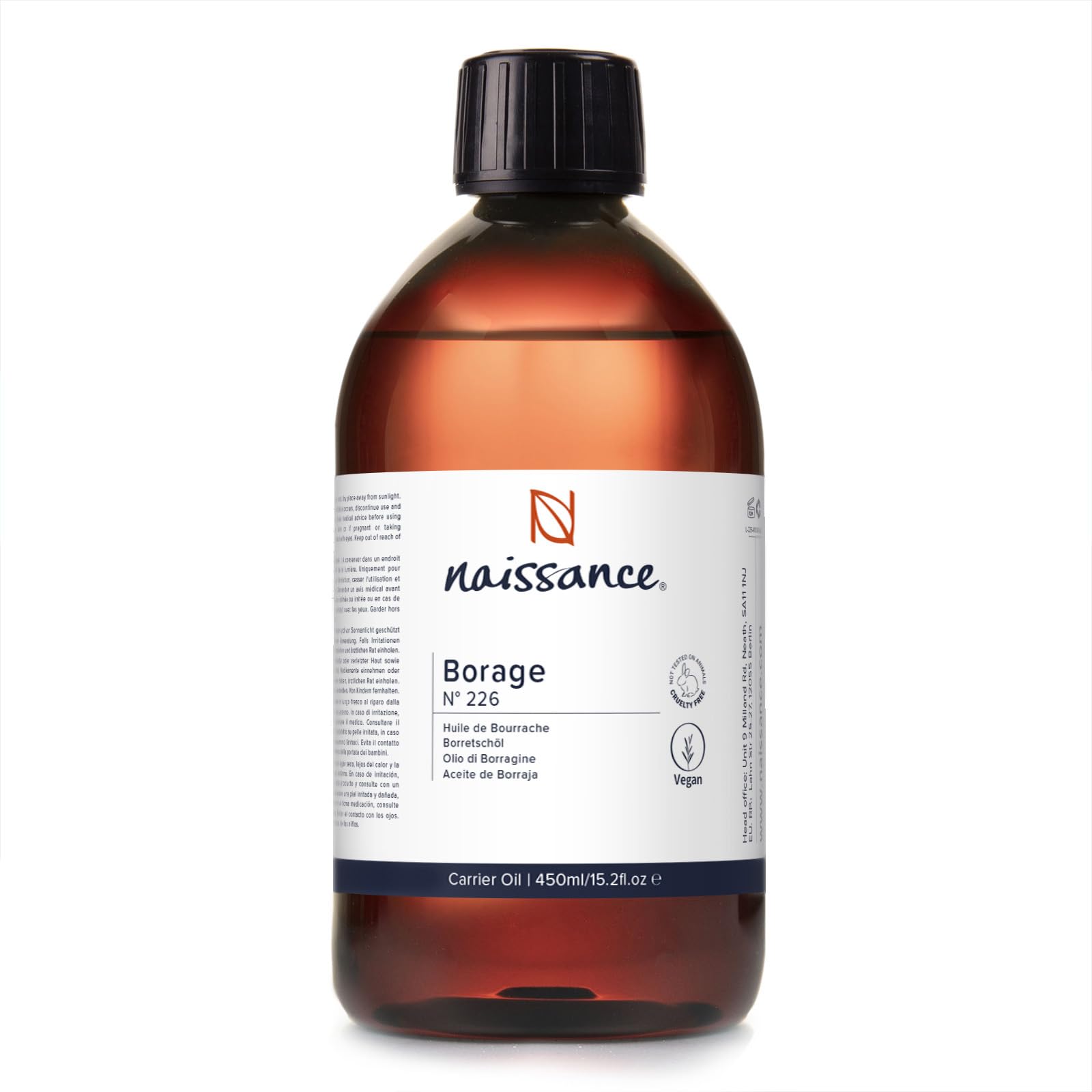 Naissance Virgin Borage (Starflower) Seed Oil (No. 226) - 450ml - Naturally High in GLA (Gamma-Linolenic Acid) - for Skin, Face, Body, Hair, Massage, Vegan