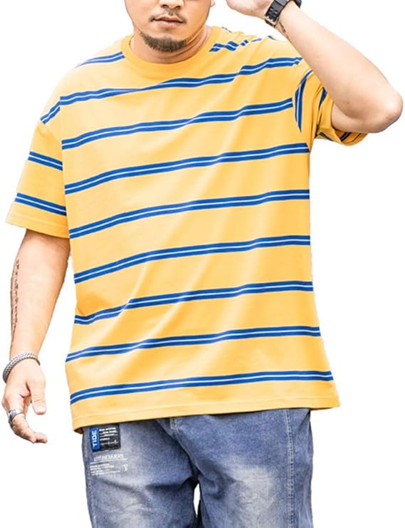 Amazon オーバーサイズ ボーダー Tシャツ 横縞 ゆったり メンズ ファッション 半袖 薄手 ストライプ おしゃれ 夏 カジュアル ラウンドネック コットン 夏服 イェロー Xl 6xl Tシャツ カットソー 通販