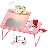 CloudTrip Plus XL Adjustable 17in Laptop Desk with Light, USB Port, iPad Holder, Drawer Storage - Larger 23.6IN Adjustable Lap Desk for Bed, Home Office, Breakfast Tray, Fordable Legs Desk (Pink)