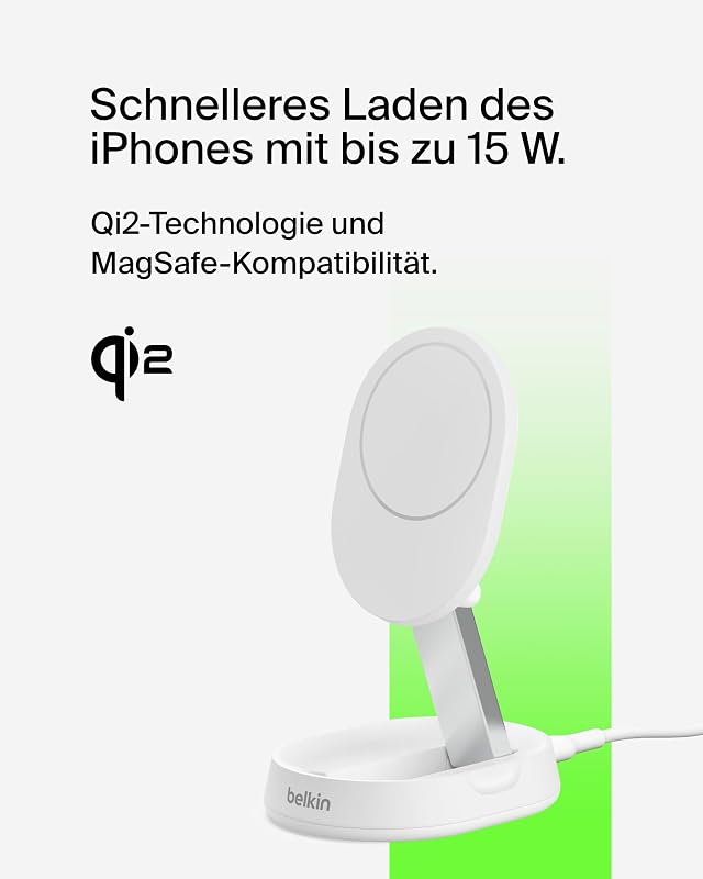 BoostCharge Pro induktive Ladestation 15W, Qi2-Ladegerät, kabelloses Ladegerät, kompatibel mit MagSafe, kabelloses Qi2-Ladestation für Apple iPhone 16/15/14/13/12, inkl. 20-W-Netzteil – Weiß