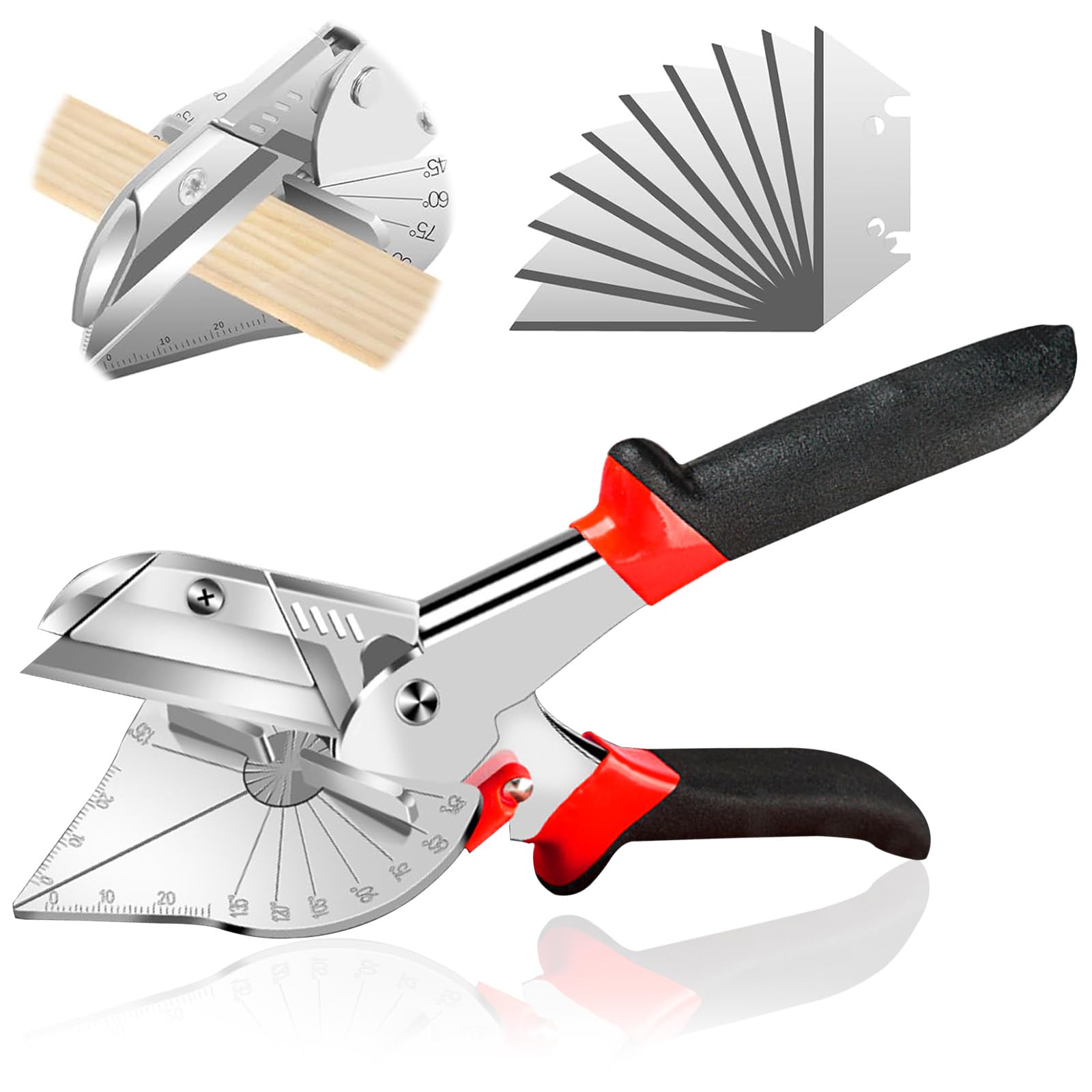 ExcellaElite Mitre Shears - Adjustable 45 to 135 Degree Multi Angle Shears for Cutting Wood Moulding, Trim Cutter with 10 Spare Blades for Soft Wood, Plastic, PVC and More