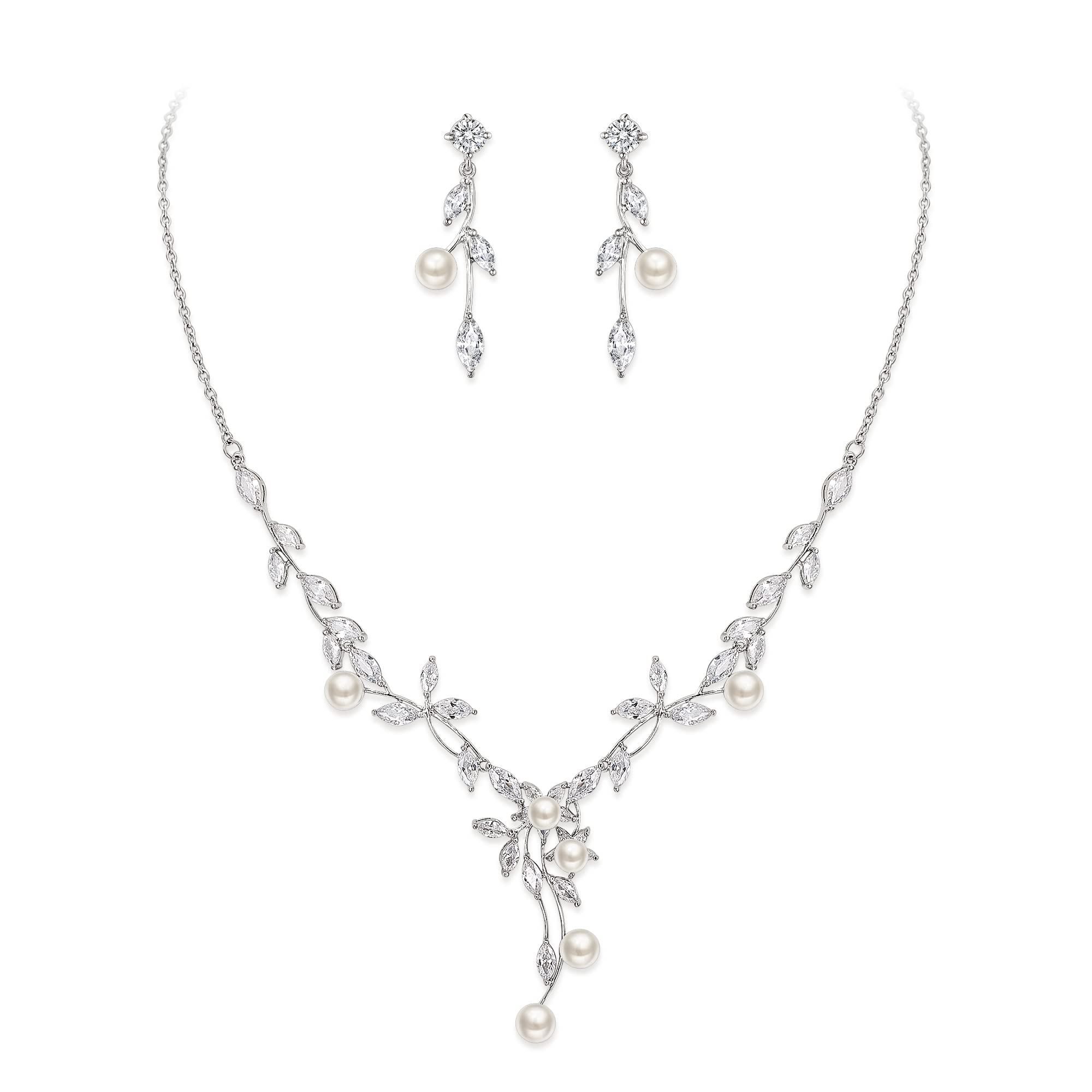 Ever Faith Wedding CZ Jewelry Set for Women, Marquise Cream Simulated Pearl Floral Vine Necklace Earrings Set Clear Silver-Tone