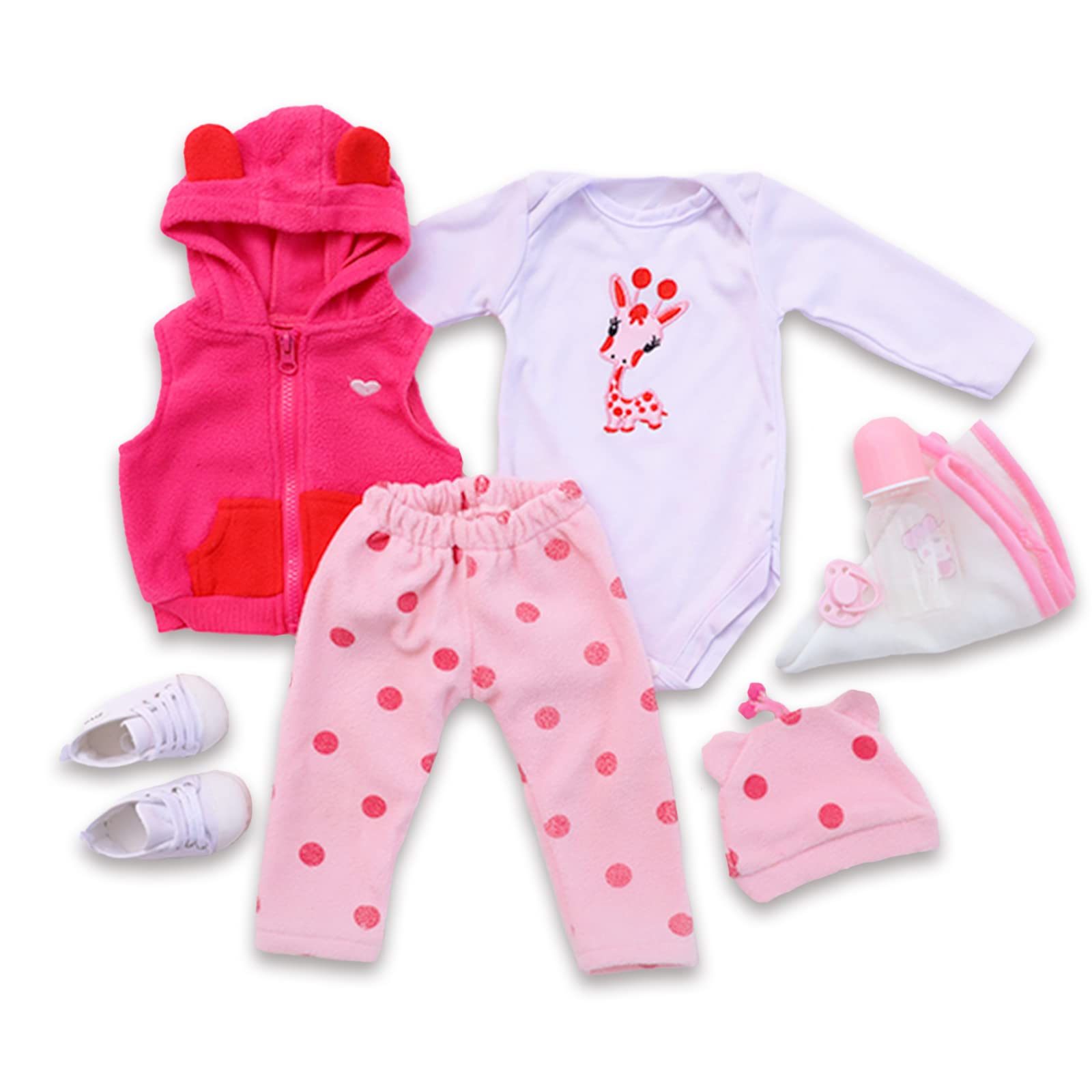 ZIYIUI Baby Doll Clothing Set, 6-Piece Pink Outfit with Hooded Vest, Bodysuit, Reborn Baby Dolls Clothes 22 inches 55 cm Polka Dot Trousers and Accessories Fits around 22 inches.