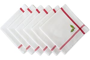 DII Holiday Kitchen and Table Décor Christmas Cloth Square Napkin Set, White with Red Border & Embroidered Holly Leaves, 6 Count