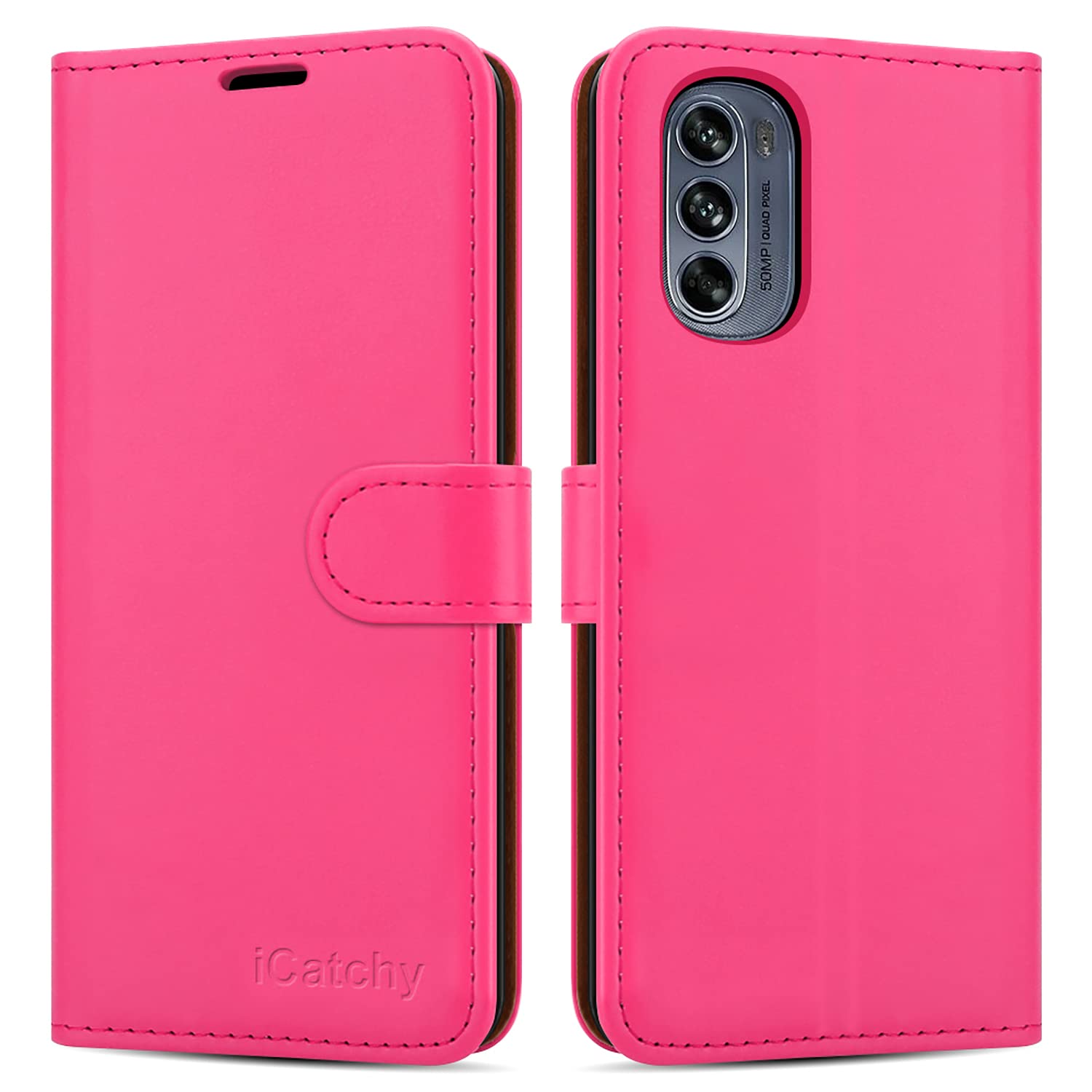 iCatchy Motorola Moto G62 5G Case Leather Wallet Book Flip Folio Stand View Cover Pouch for Motorola G62 Phone (Pink)