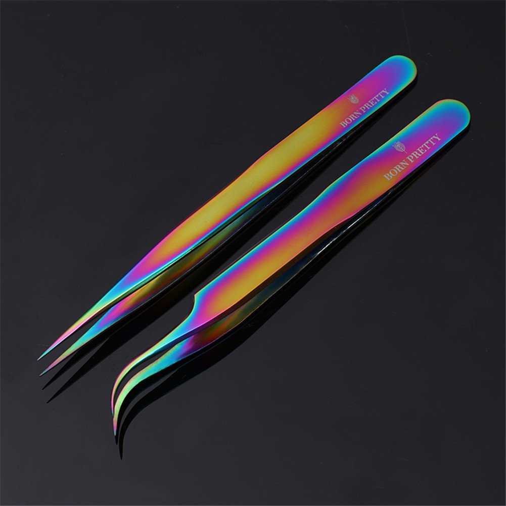 Born Pretty Tweezers Straight Curved Rainbow Stainless Steel