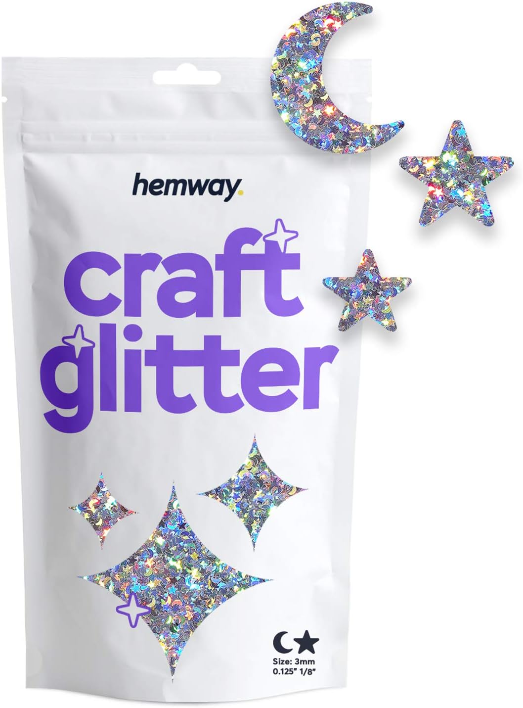 Hemway Craft Glitter Silver Holographic Stars & Moons 100g Shaped Glitter for Crafts Resin, Cosmetic, Nail, Face, Body
