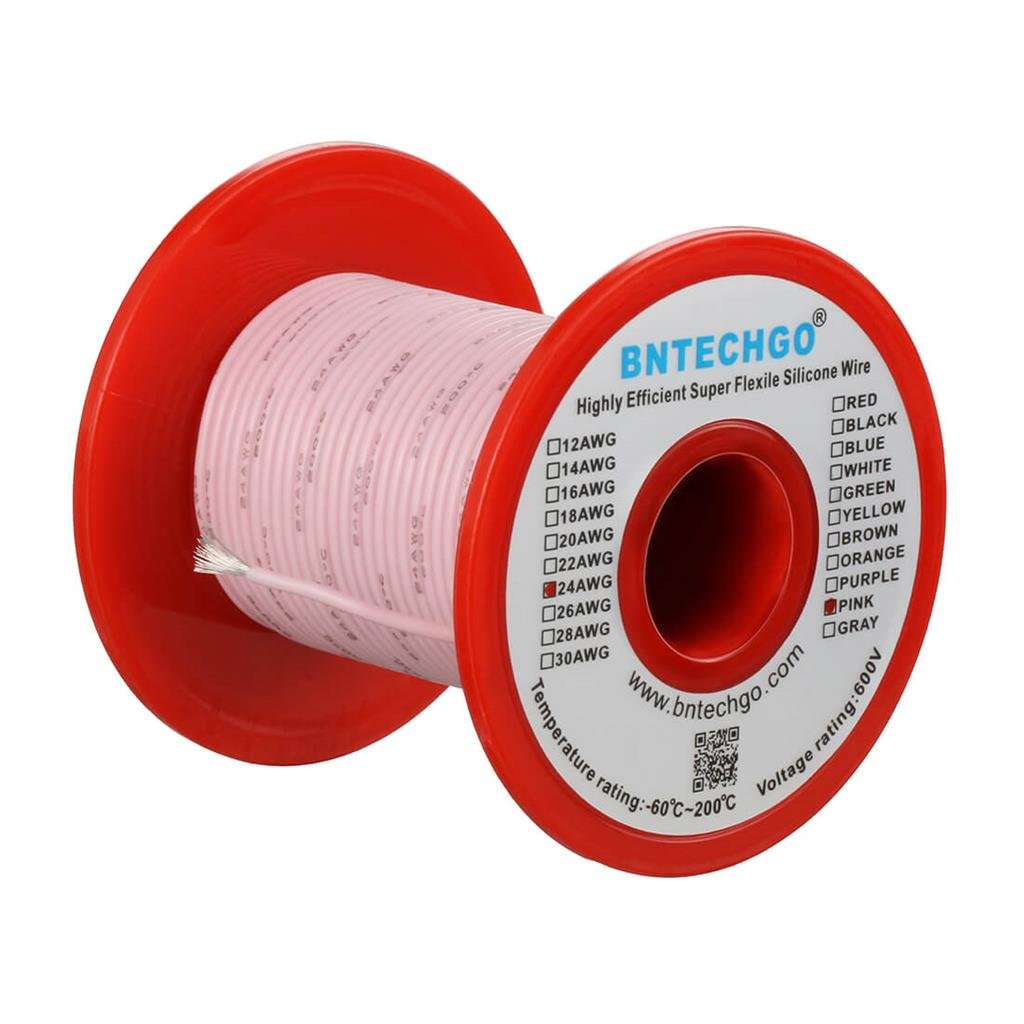 BNTECHGO 24 Gauge Silicone Wire Spool Pink 100 ft Ultra Flexible High Temp 200 deg C 600V 24 AWG Silicone Rubber Wire 40 Strands of Tinned Copper Wire Stranded Wire for Model Low Impedance